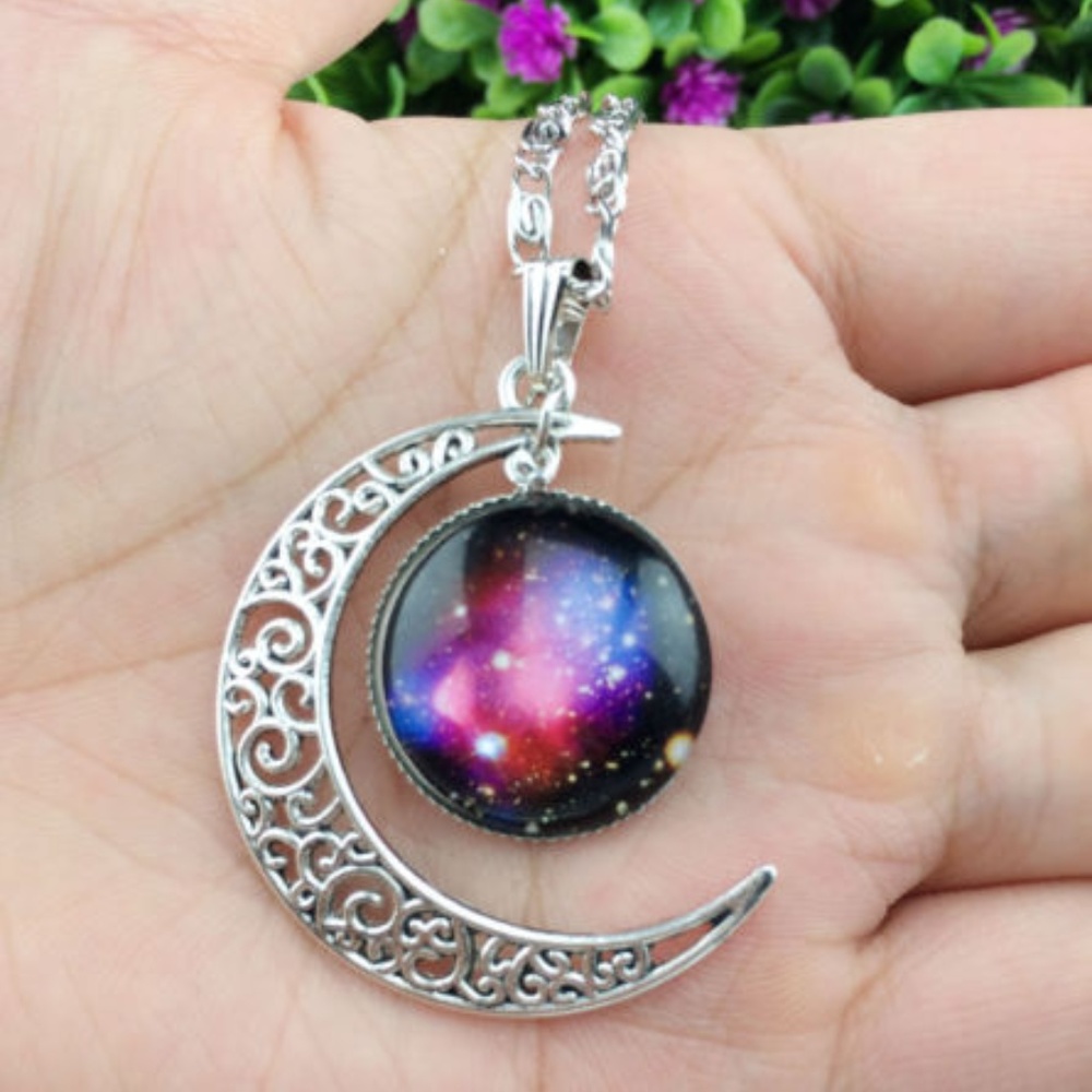 Colorful Galaxy Glass Moon Shape Silver Necklace